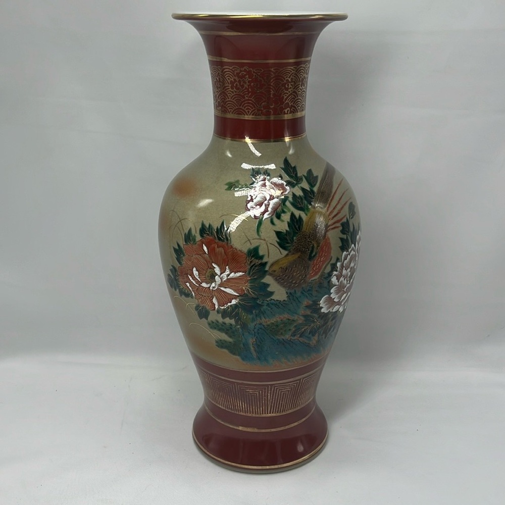Large Vintage Toyo Japan Red Vase  with Flowers and Bird